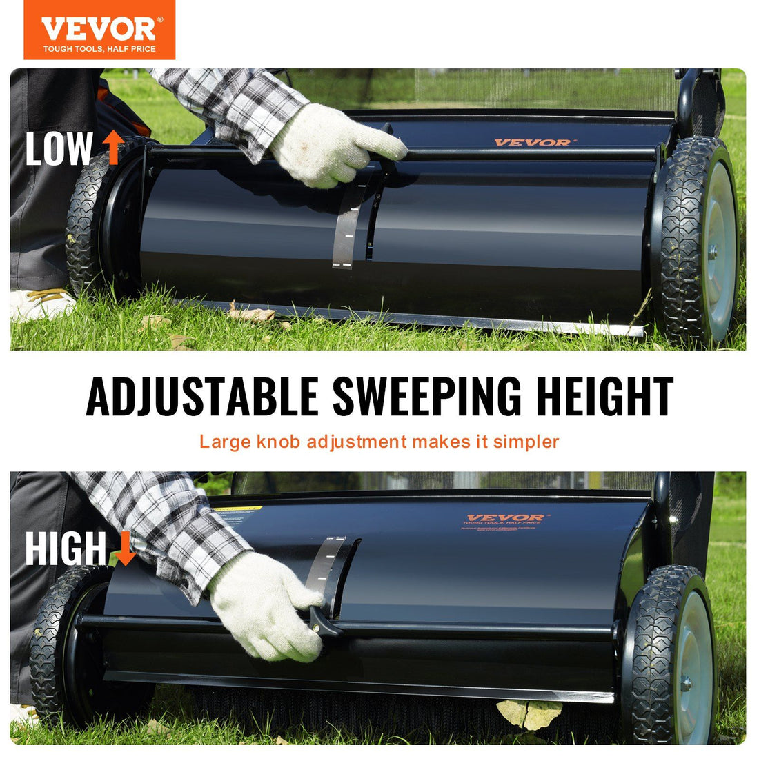 VEVOR Push Lawn Sweeper, 26 Inch Leaf & Grass Collector, Strong Rubber Wheels & Heavy Duty Thickened Steel Durable to Use with Large Capacity 7 ft³ Mesh Collection Bag, 4 Spinning Brushes.