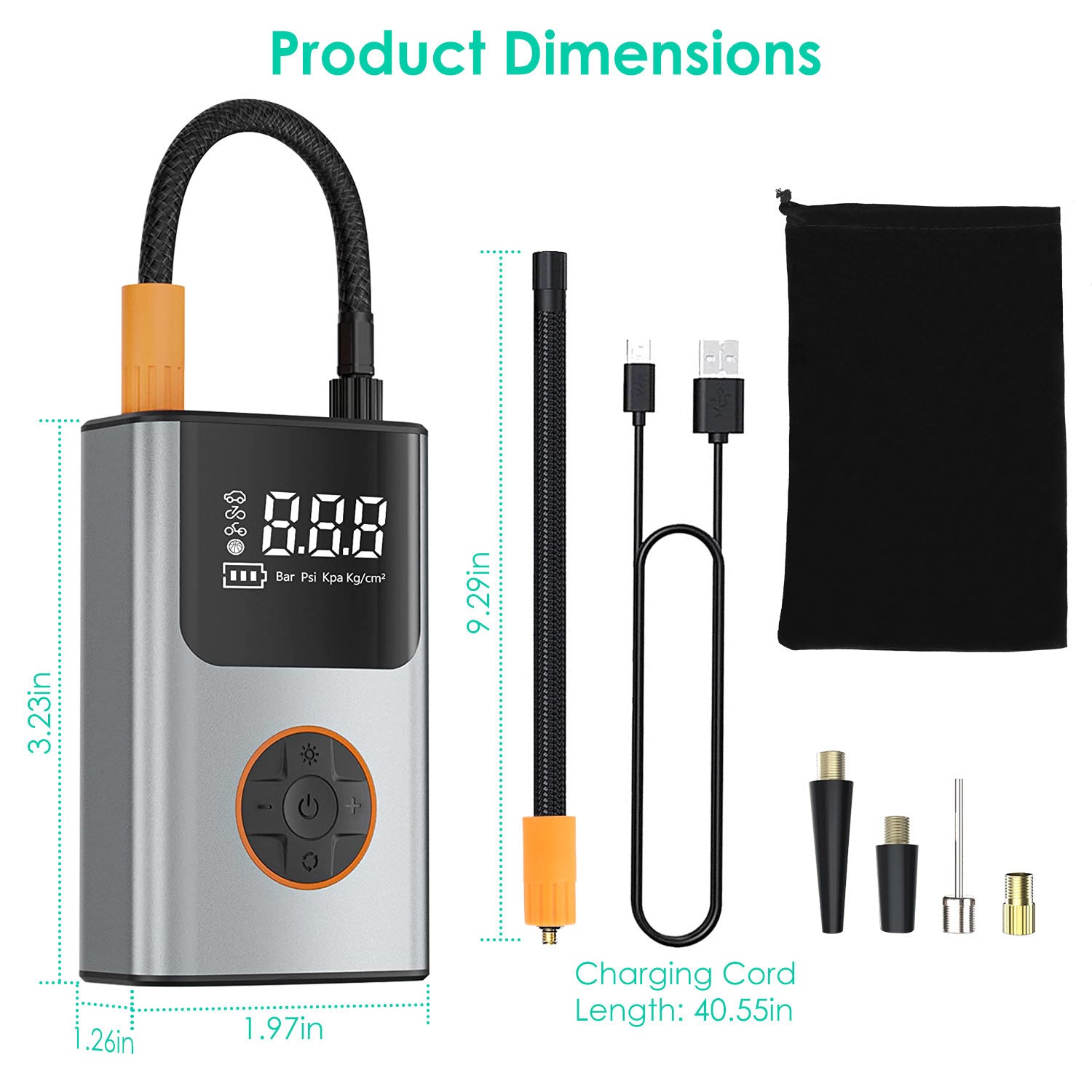 Portable Mini Tire Inflator with Digital Display LED Light SOS Light Emergency Power Bank 150 PSI Tire Pump with Inflatable Nozzle Needle Fuse Air Compressor for Bikes Motorbikes Cars Balls.