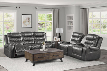 Luxurious Living Room Furniture 2pc Reclining Sofa Set Gray Breathable Faux Leather Upholstery Center Drop-Down Cup Holders, Power Outlets, USB Ports, Diamond Pattern Stitching.