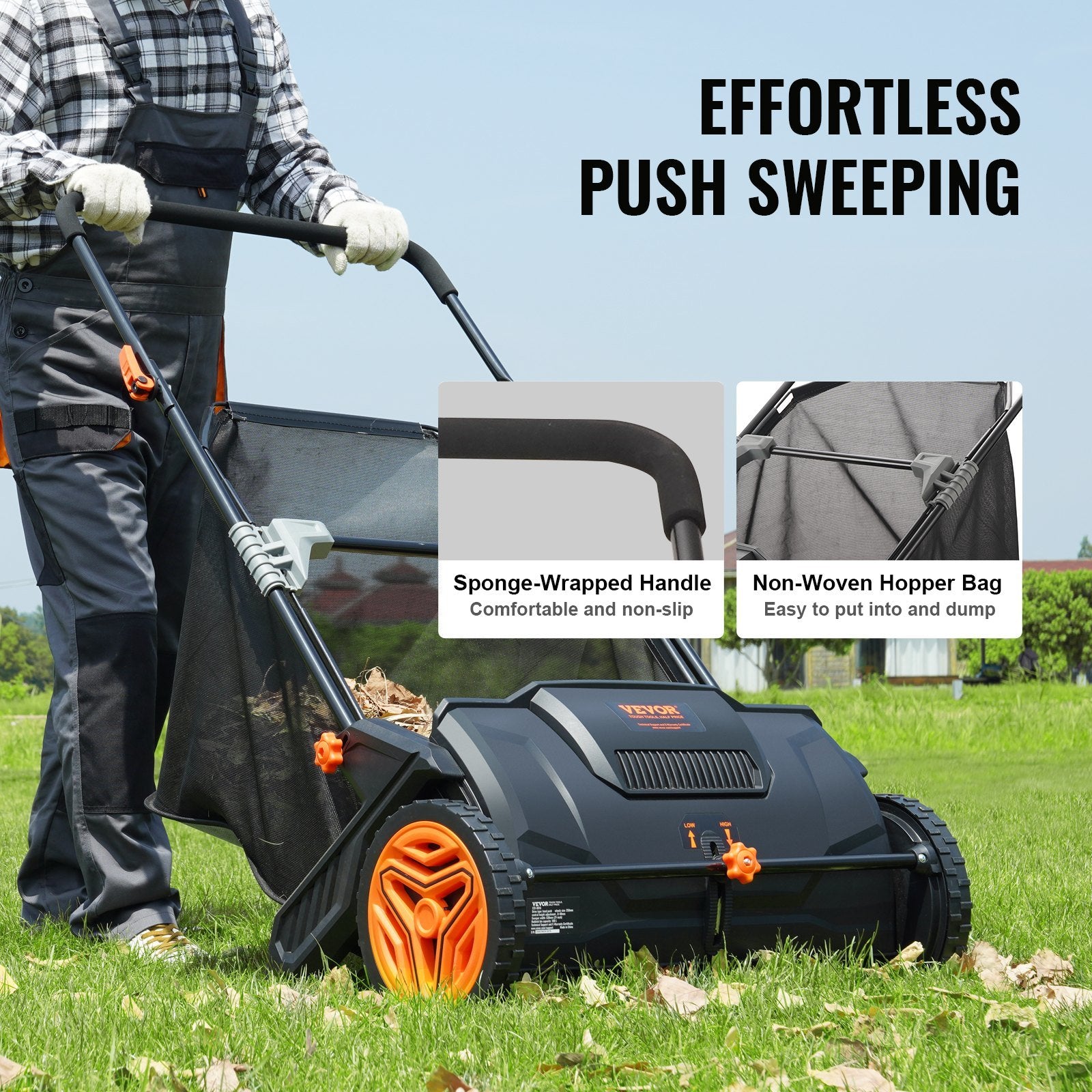 VEVOR Push Lawn Sweeper, 21-inch Leaf & Grass Collector, Strong Rubber Wheels & Heavy Duty Thickened Steel Durable to Use with Large Capacity 3.5 cu. ft. Mesh Collection Hopper Bag, 2 Spinning Brushes.