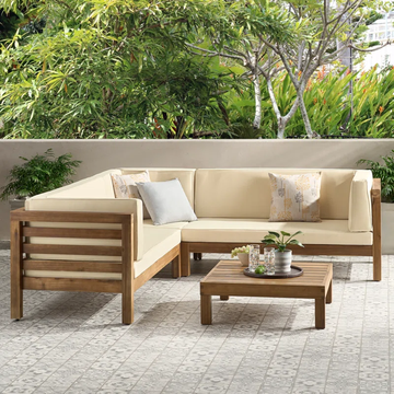 OANA OUTDOOR WOODEN SECTIONAL SET WITH CUSHIONS, BEIGE.