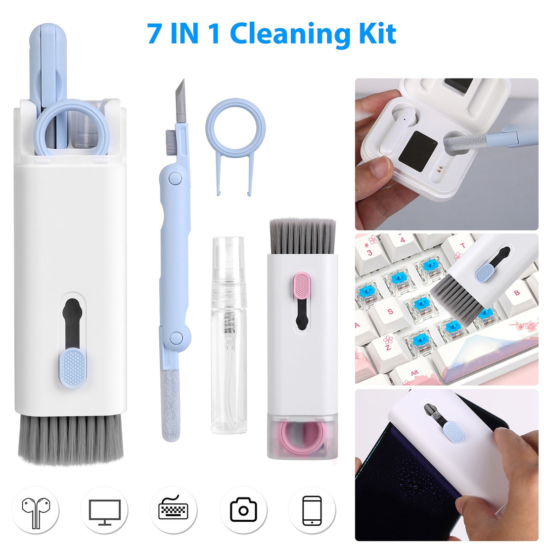 7 in 1 Laptop Keyboard Dust Cleaner Brush Set Earbud Cleaning Pen Electronics Dust Remover with Key Puller Multifunctional Cleaning Tool for PC Tablet.