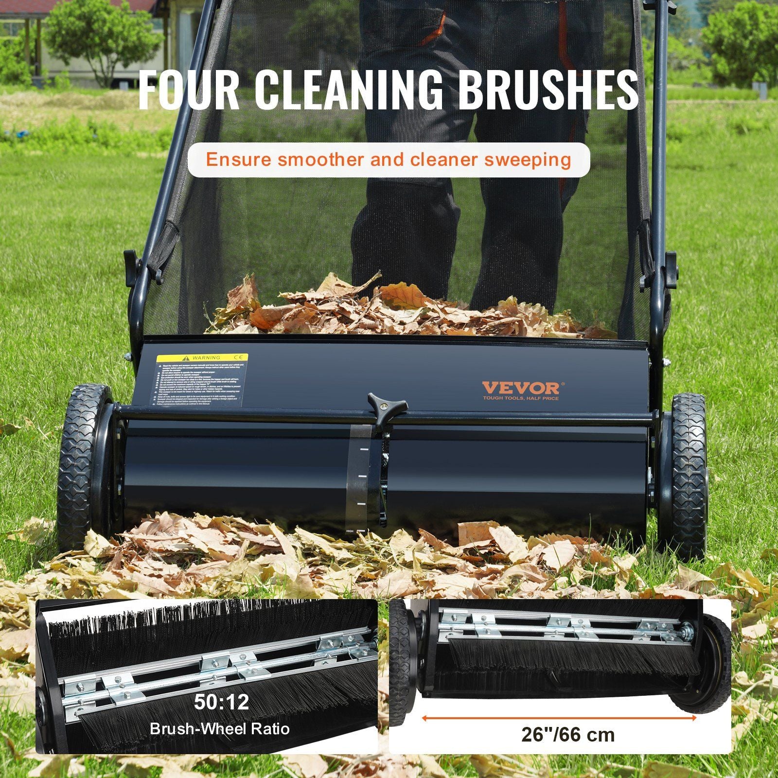 VEVOR Push Lawn Sweeper, 26 Inch Leaf & Grass Collector, Strong Rubber Wheels & Heavy Duty Thickened Steel Durable to Use with Large Capacity 7 ft³ Mesh Collection Bag, 4 Spinning Brushes.